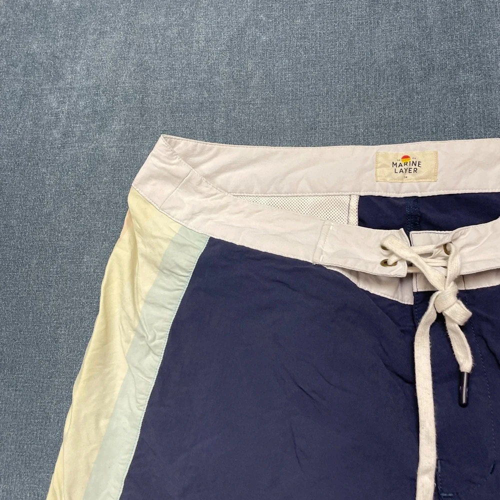 Marine Layer Board Shorts Mens 34 Navy Blue Drawstring Waist Flat Front Summer